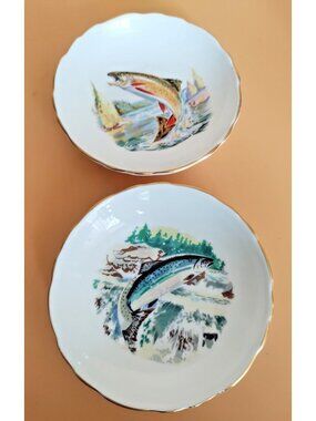 Two Royal Chelsea England Hand Painted Trinket Dishes 4" Trout